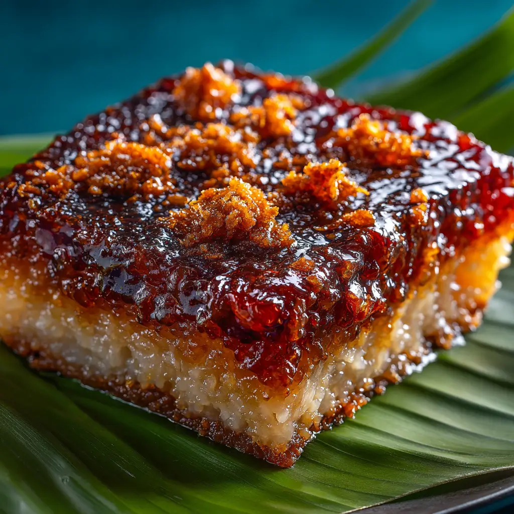 A close-up macro shot of a perfect square slice of Biko, showing the glossy, chewy texture of the sweet sticky rice.