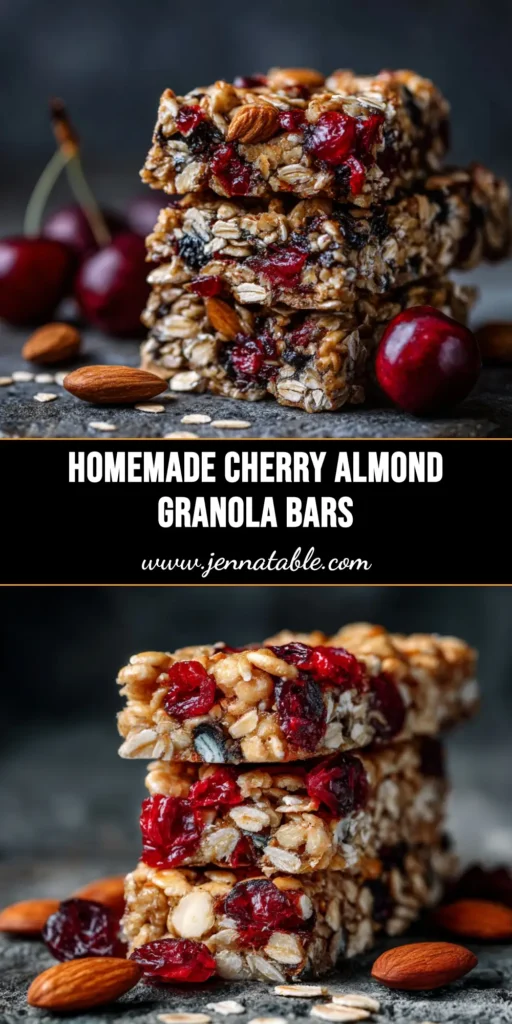 A stack of three homemade Cherry Almond Granola Bars with a bite taken out of the top one, showcasing the chewy texture with oats, cherries, and almonds.
