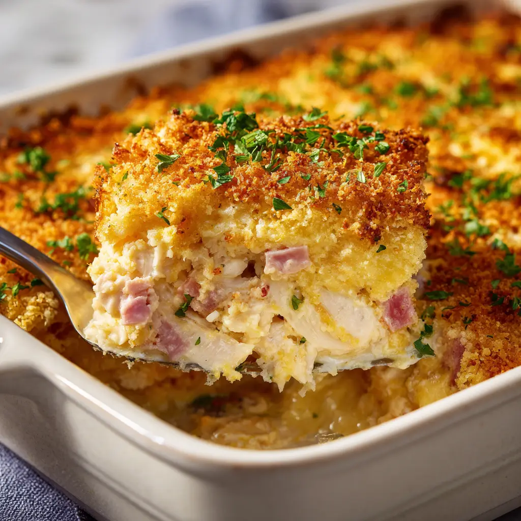 A close view of the crispy, golden Panko breadcrumb topping on the Swiss cheese chicken casserole.