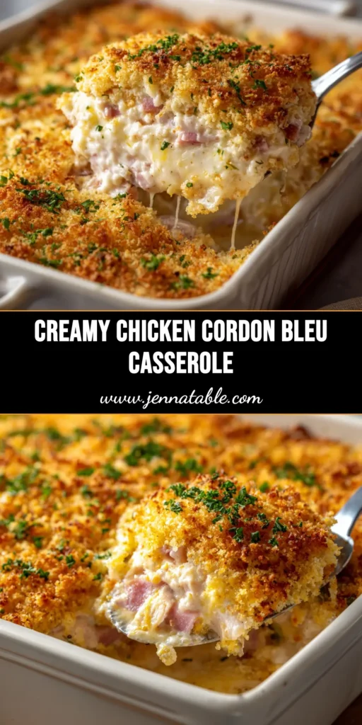 A golden-brown baked Chicken Cordon Bleu Casserole in a white baking dish, showing the creamy interior with chicken, ham, and melted Swiss cheese.