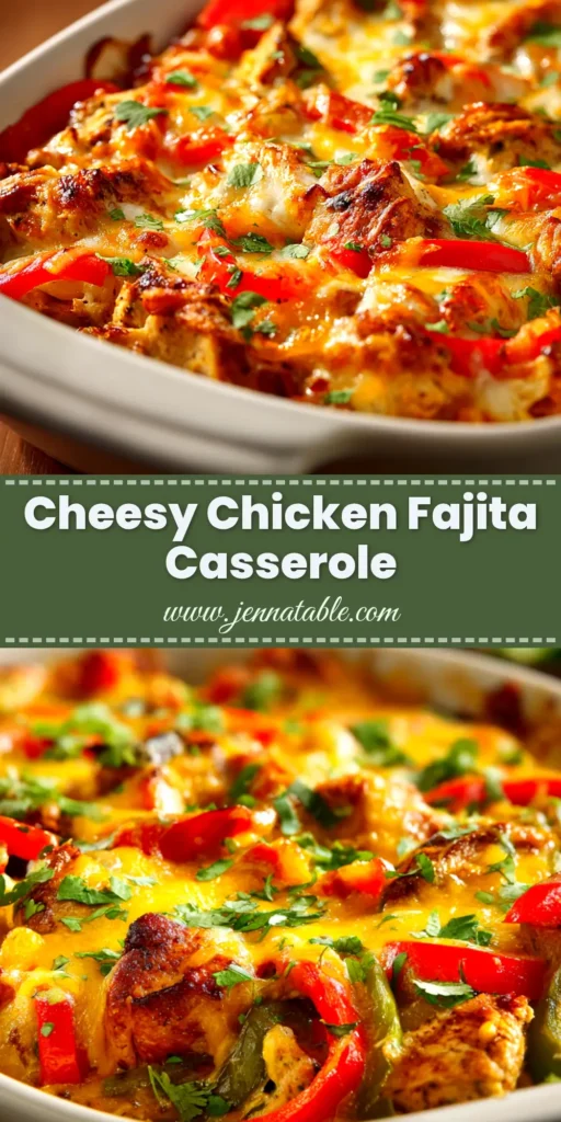 An overhead shot of a freshly baked Chicken Fajita Casserole in a white baking dish, showing a golden, cheesy topping with bell peppers and chicken peeking through.