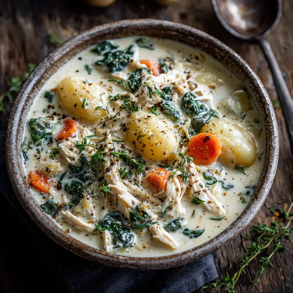 The ingredients for chicken gnocchi soup laid out, including chicken breast, potato gnocchi, carrots, celery, and spinach.