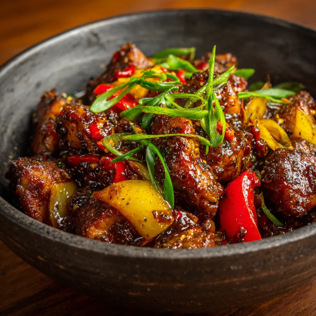 A spoonful of the finished Chinese black pepper chicken being lifted from a bowl, with a piece of celery and onion visible.