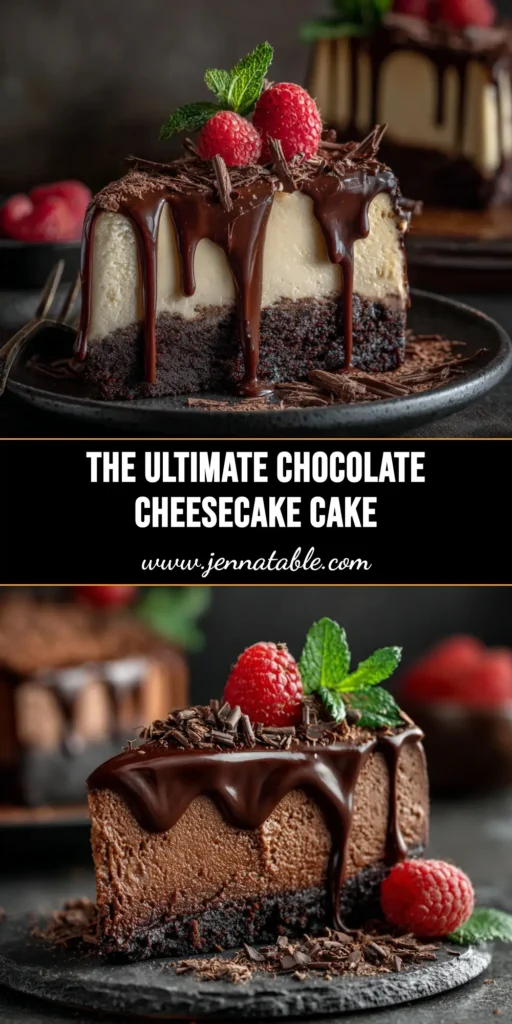 A whole, decadent chocolate cheesecake cake on a serving platter, topped with a glossy chocolate ganache and chocolate shavings.