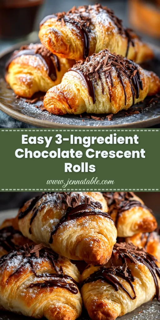 A close-up shot of golden-brown baked chocolate crescent rolls on a wooden board, with melted chocolate peeking out.