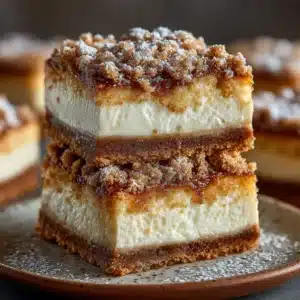 An extreme close-up shot of a stack of churro cheesecake bars, highlighting the flaky layers of crust and the thick, creamy cheesecake filling.