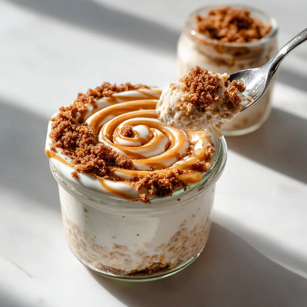 A spoonful of cinnamon roll overnight oats being lifted from a jar, showing the thick consistency and layers of oats and cream cheese swirl.
