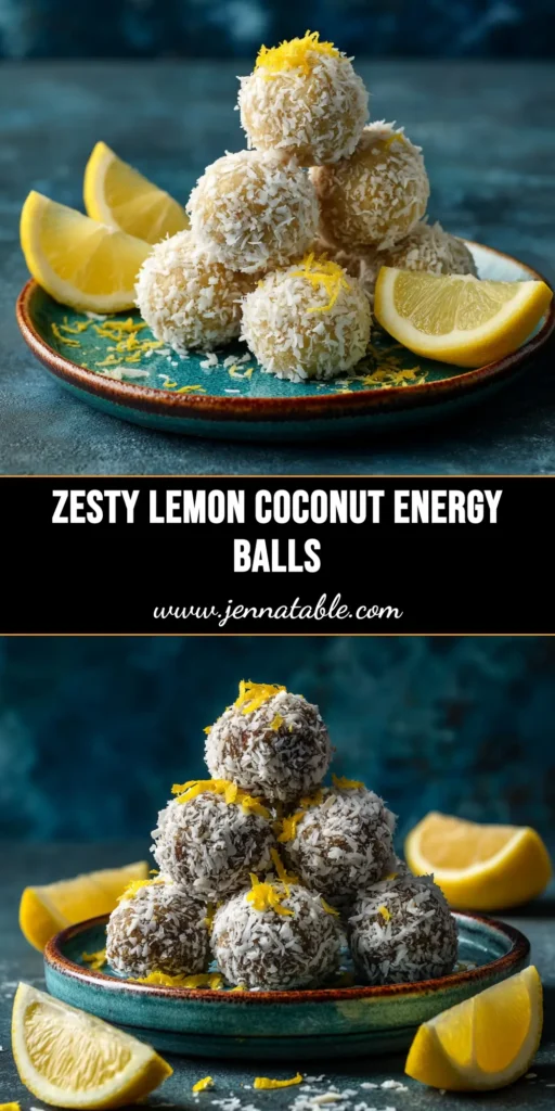 A close-up of delicious Coconut Lemon Energy Balls stacked neatly, with one bite taken out to show the texture. The perfect healthy, no-bake snack.