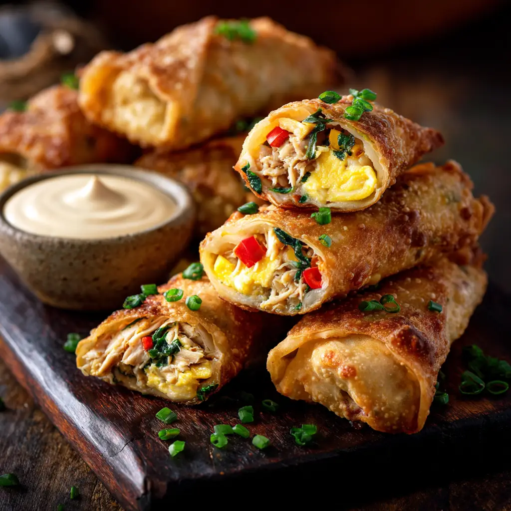 A batch of golden-brown Southwest Chicken Egg Rolls resting on a wire rack after being cooked, ready to be served.