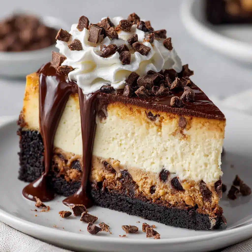 The top of the cheesecake, generously covered with chunks of edible eggless cookie dough and mini chocolate chips.