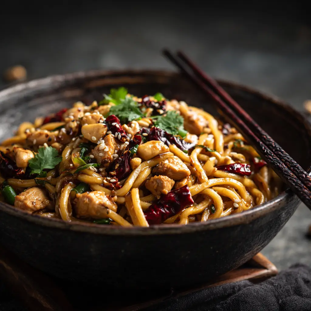 A step-by-step preparation image showing chicken, vegetables, and peanuts being stir-fried in a wok for the Kung Pao Chicken Noodles recipe.