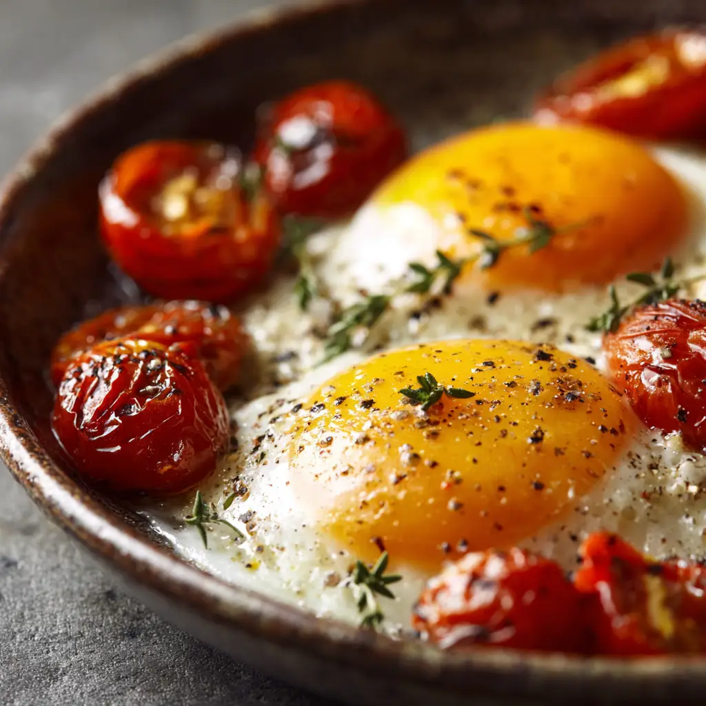 Pili Pili Eggs: The Ultimate Spicy African Breakfast Recipe 1 A side view of eggs poaching in a rich, thick pili pili sauce in a skillet. Fresh cilantro is sprinkled on top, adding a pop of green.