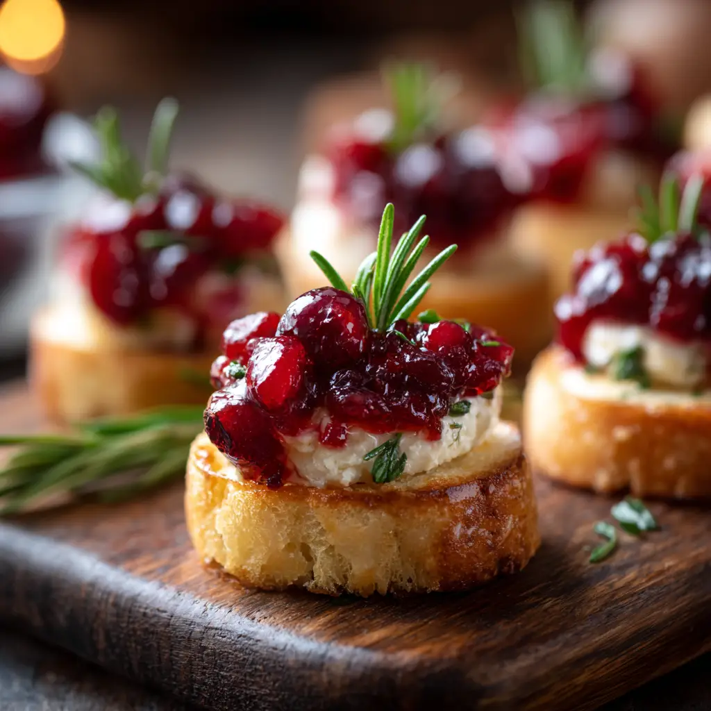 A collection of cranberry brie appetizers arranged on a rustic wooden board, ready for serving at a party.