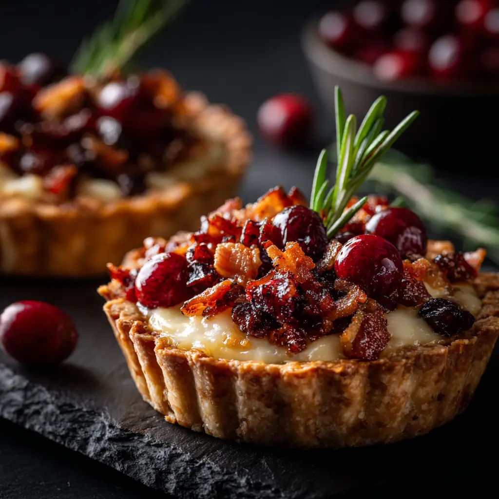 A close-up view of the Cranberry Brie Tart, highlighting the flaky layers of the puff pastry and the toasted pecans on top.