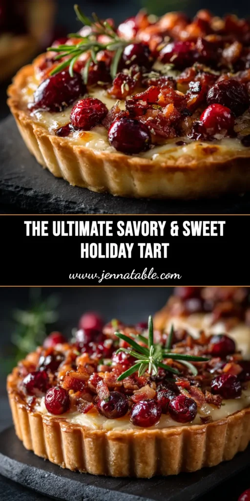 An overhead shot of a delicious Cranberry Brie Tart, showcasing the golden puff pastry, melted brie, and vibrant cranberry topping. The perfect holiday appetizer.