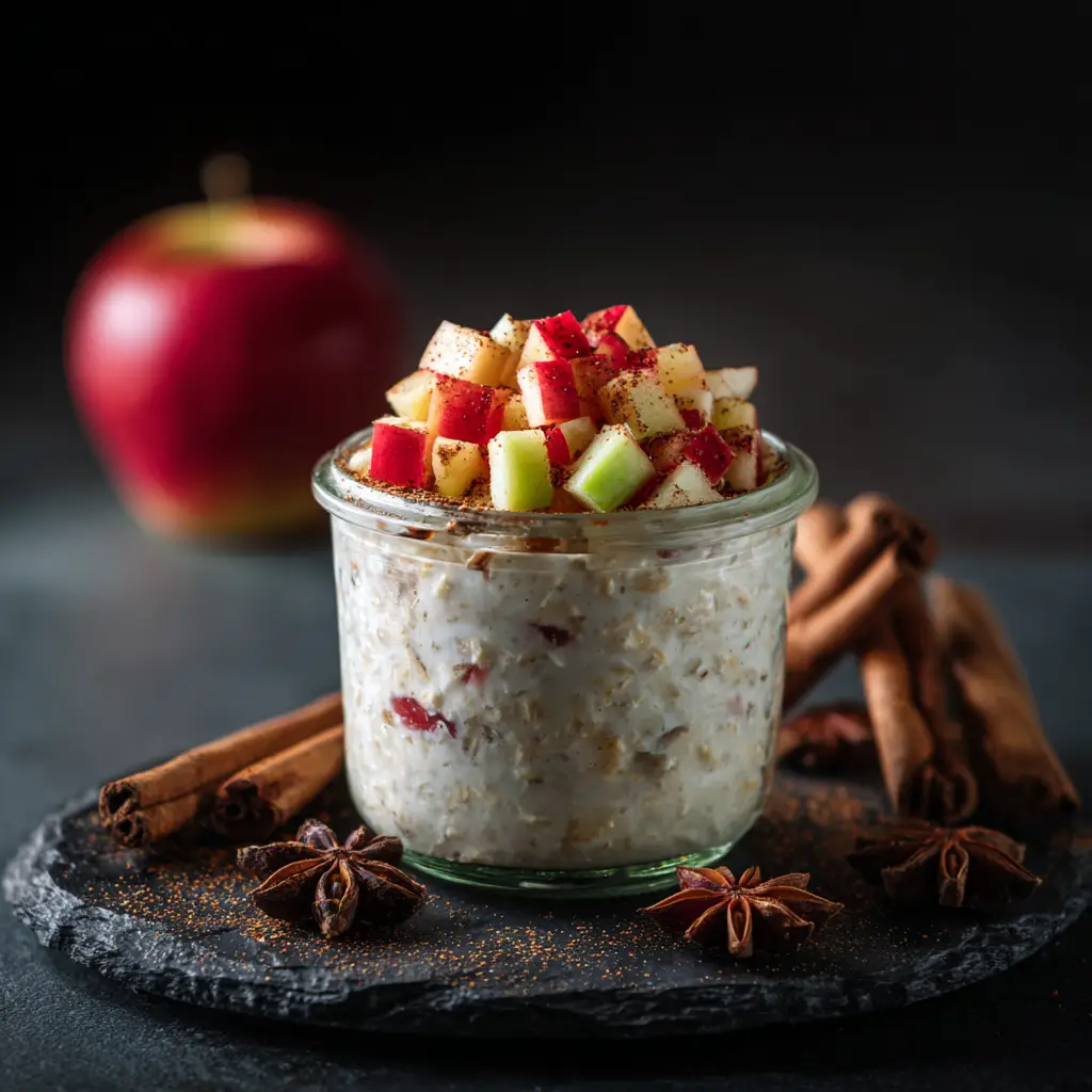A spoonful of creamy apple cinnamon overnight oats being lifted from a jar, showing the thick and satisfying texture of the healthy breakfast.