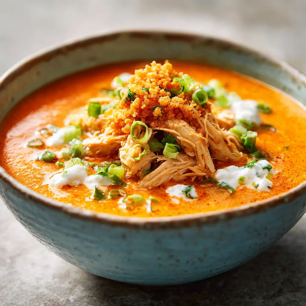An overhead view of the creamy soup with buffalo chicken, showing the rich texture and colorful garnishes.