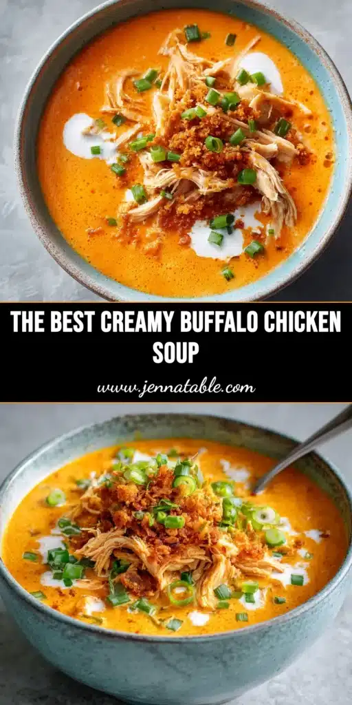 A close-up shot of a bowl of creamy buffalo chicken soup, topped with blue cheese crumbles and fresh chives, ready to be eaten.