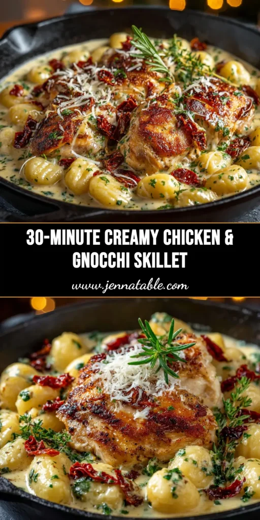 An overhead shot of Creamy Chicken and Gnocchi in a skillet. The dish is garnished with fresh parsley, ready to be served. The perfect one-pan dinner idea.