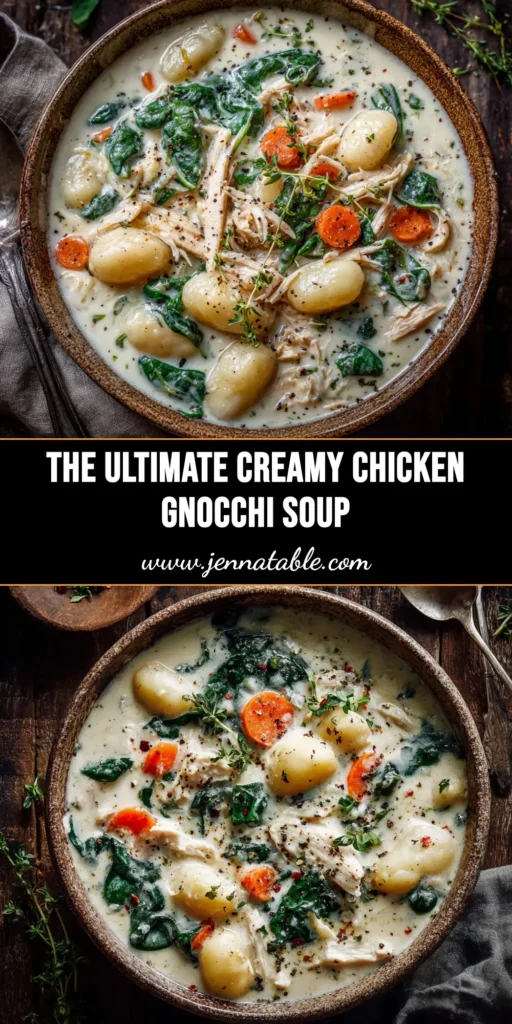 A cozy bowl of creamy chicken gnocchi soup, garnished with fresh herbs. This homemade recipe is easy to make and full of flavor.