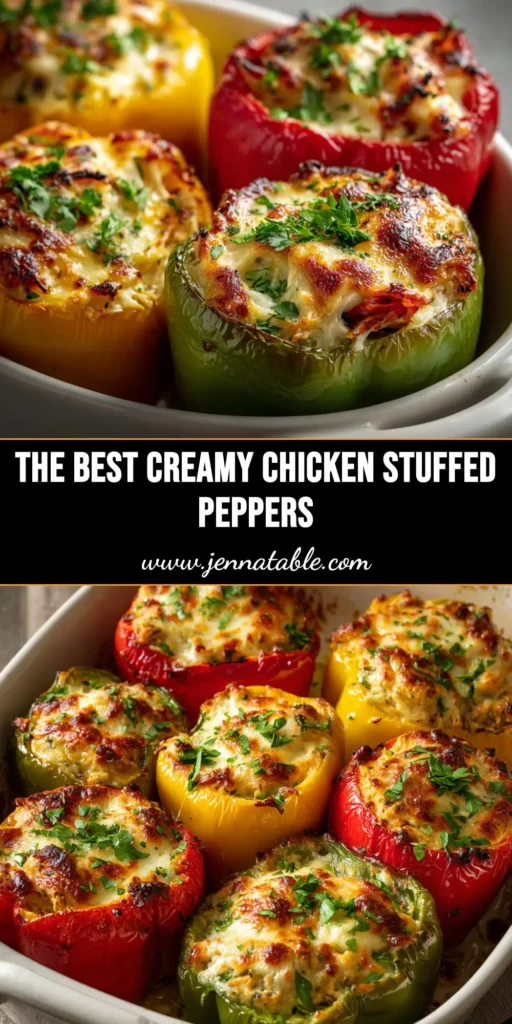 A close-up of creamy chicken stuffed peppers in a white baking dish, topped with melted golden-brown cheese and fresh herbs.