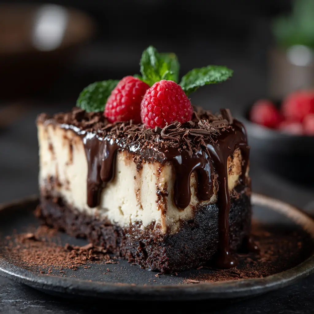 A fork cutting into a rich chocolate cheesecake cake slice, revealing the incredibly creamy and dense texture of the filling.