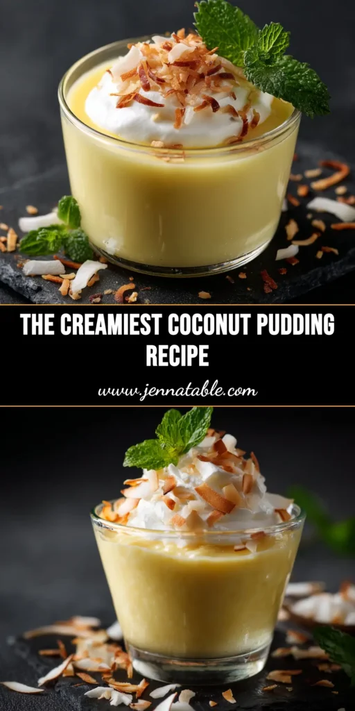 A close-up overhead shot of a creamy coconut pudding recipe in a white bowl, topped with toasted coconut flakes.