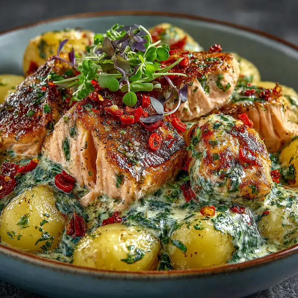 A close-up of a forkful of creamy salmon gnocchi, highlighting a flaky piece of salmon, a soft gnoccho, and the rich texture of the parmesan cream sauce.