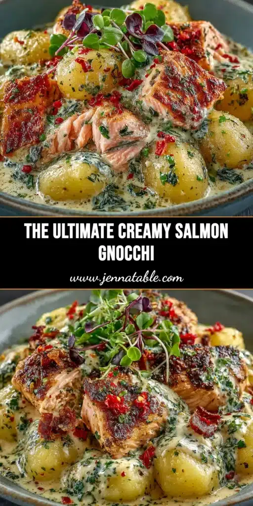 A top-down view of a skillet filled with Creamy Salmon Gnocchi, showing pieces of flaky salmon, pillowy gnocchi, and wilted spinach in a rich cream sauce, garnished with fresh dill.