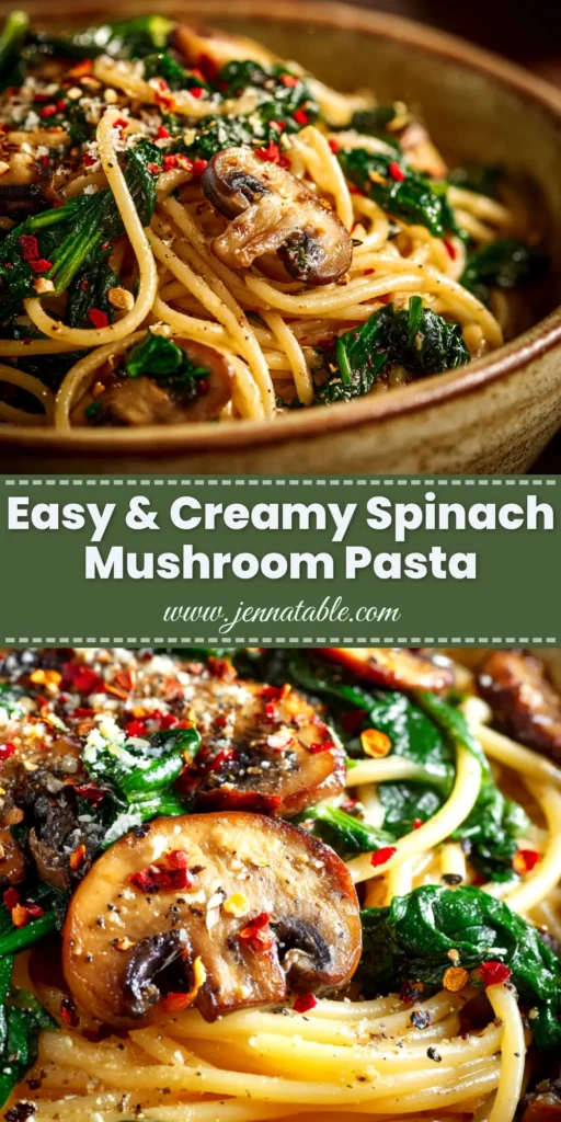 A top-down view of a white bowl filled with creamy spinach mushroom pasta, garnished with fresh parmesan cheese. A fork is resting on the side of the bowl.