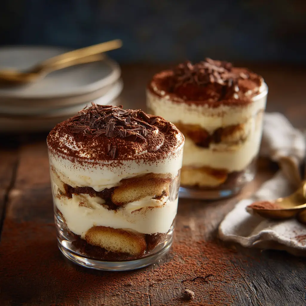 A spoon digging into a Tiramisu Cup, showing the creamy texture of the mascarpone filling against the soft ladyfinger biscuit.