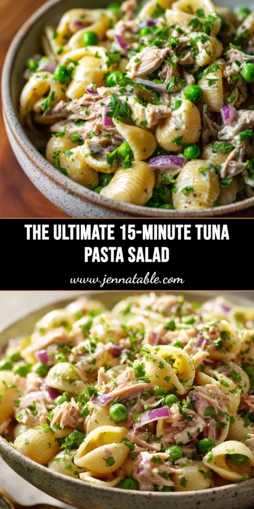 A large white bowl filled with creamy tuna pasta salad, garnished with fresh dill. A perfect easy recipe for lunch or dinner.