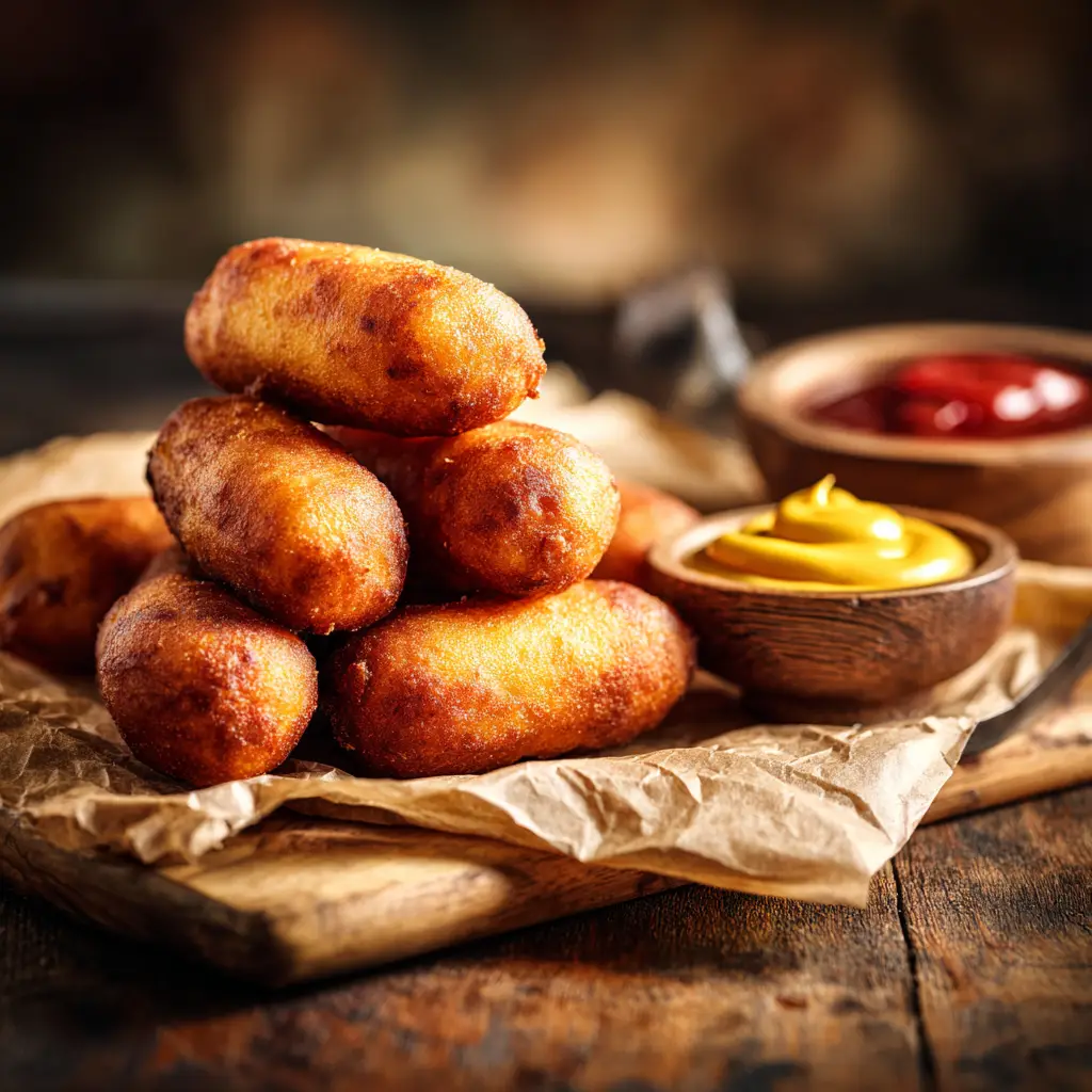 A large pile of freshly fried mini corn dogs on a wooden board, showcasing their perfect golden-brown cornbread batter crust.