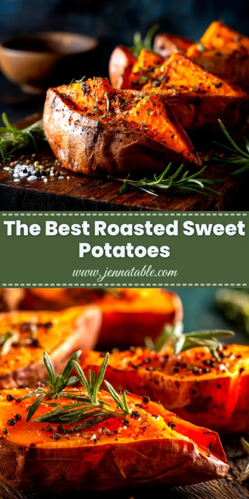 Roasted Sweet Potatoes: The Ultimate Crispy & Savory Recipe 3 A top-down view of perfectly crispy roasted sweet potatoes on a baking sheet, seasoned with herbs. This image showcases the ultimate recipe for oven-roasted sweet potatoes.