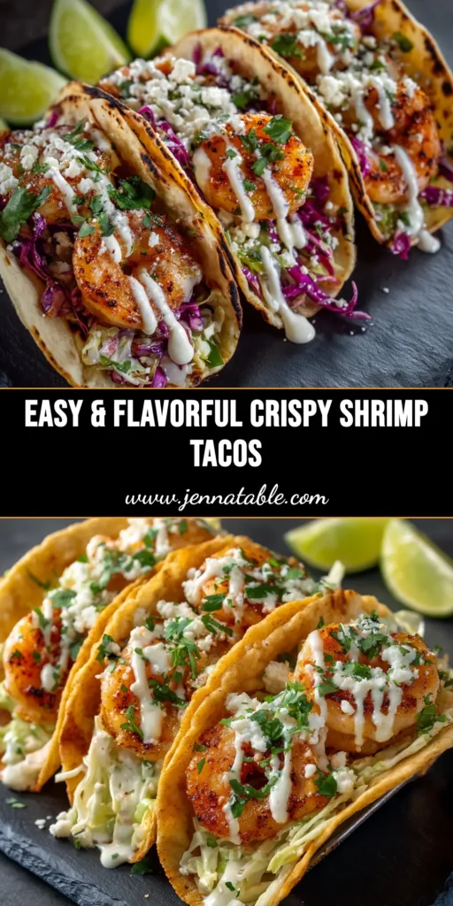 A platter of three Crispy Shrimp Tacos, filled with golden-fried shrimp, a vibrant chipotle-lime slaw, and fresh cilantro. A lime wedge sits on the side.