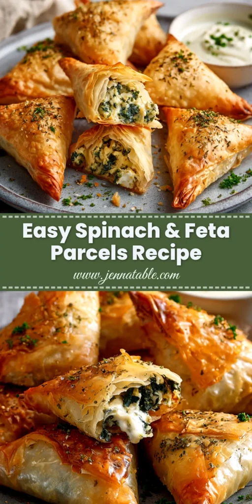 A close-up shot of perfectly golden-brown, crispy spinach and feta parcels arranged on a rustic plate. One parcel is broken open to show the delicious spinach and feta filling.