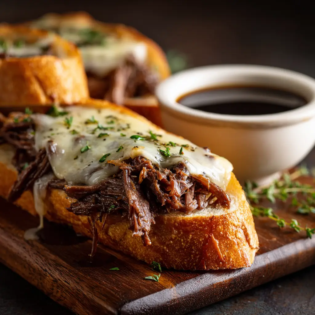 A detailed shot of the tender shredded beef used for the crock pot french dip recipe, showcasing its juicy texture after hours of slow cooking.