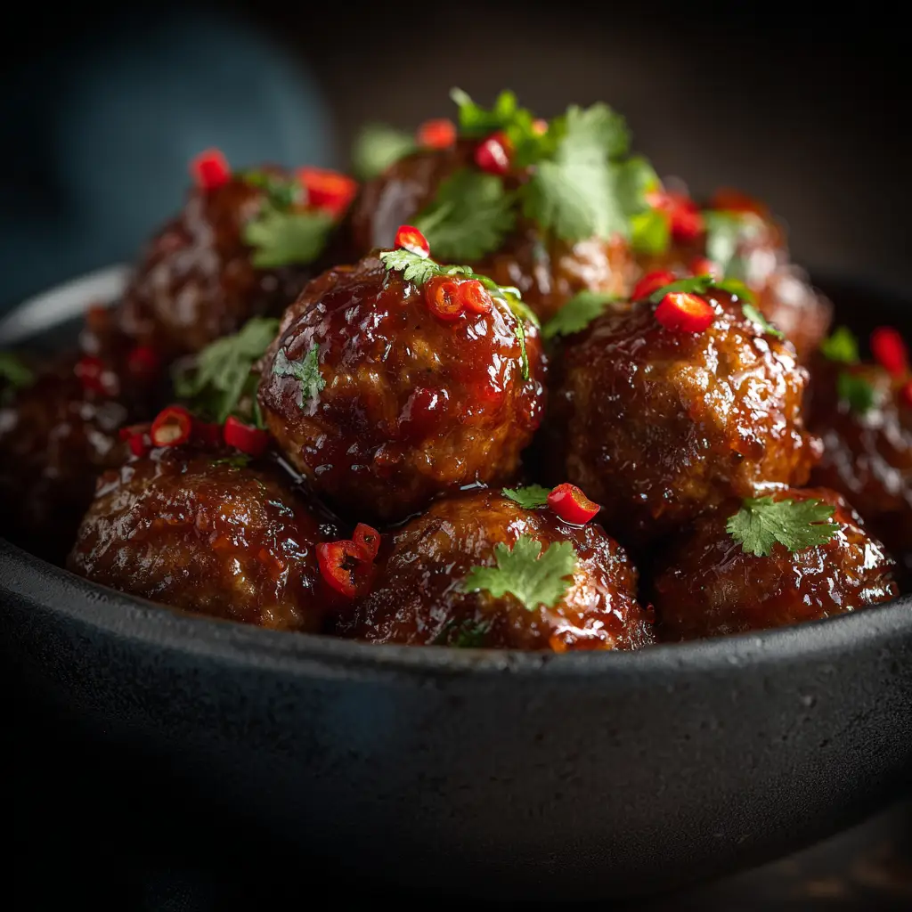A serving bowl filled with grape jelly meatballs made in the crockpot, showing the thick, rich sauce.