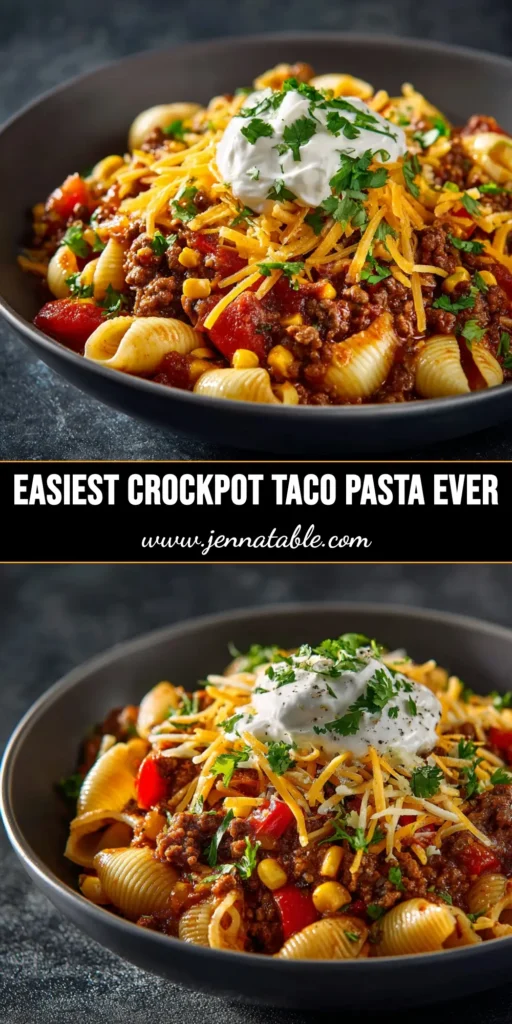 An overhead shot of creamy Crockpot Taco Pasta in a white bowl, garnished with fresh cilantro. The perfect easy weeknight dinner recipe.