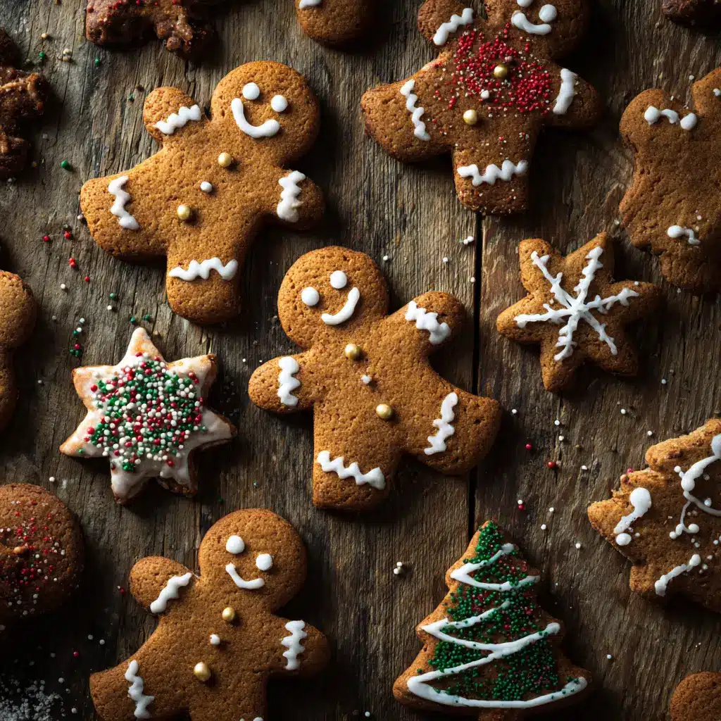 A close-up of a gingerbread man cookie being decorated with white royal icing. Illustrates the decorating step of the recipe.