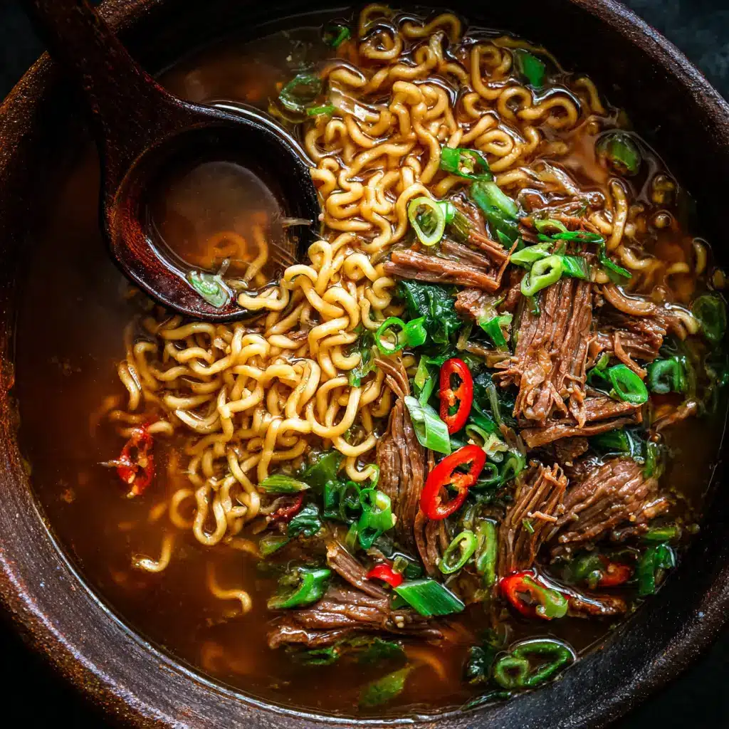An overhead shot of a finished bowl of easy beef ramen soup, garnished with fresh green onions, a soft-boiled egg, and sesame seeds.