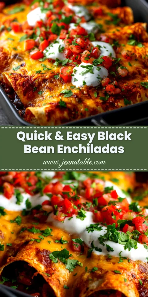 A pan of delicious, cheesy black bean enchiladas fresh from the oven, garnished with cilantro. The ultimate easy vegetarian dinner recipe.