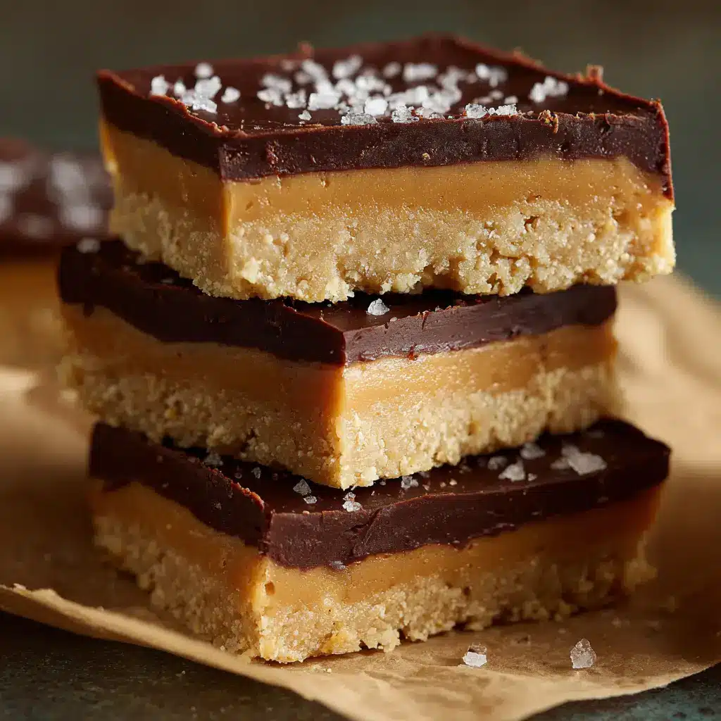A freshly cut square of a buckeye bar resting on parchment paper, ready to be served. A simple dessert recipe that always impresses.