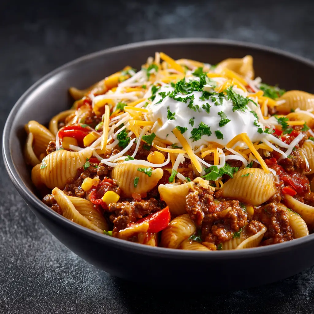 A serving of Crockpot Taco Pasta in a rustic bowl, topped with shredded cheddar cheese and a dollop of sour cream.