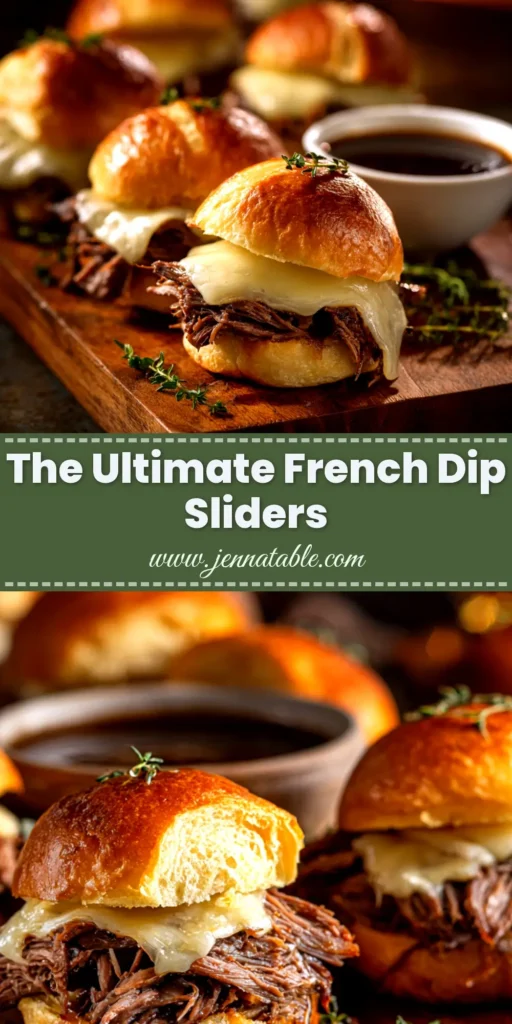 A tray of golden-brown French Dip Sliders fresh from the oven, with melted provolone cheese and roast beef peeking out from Hawaiian rolls, served with a small bowl of au jus for dipping.