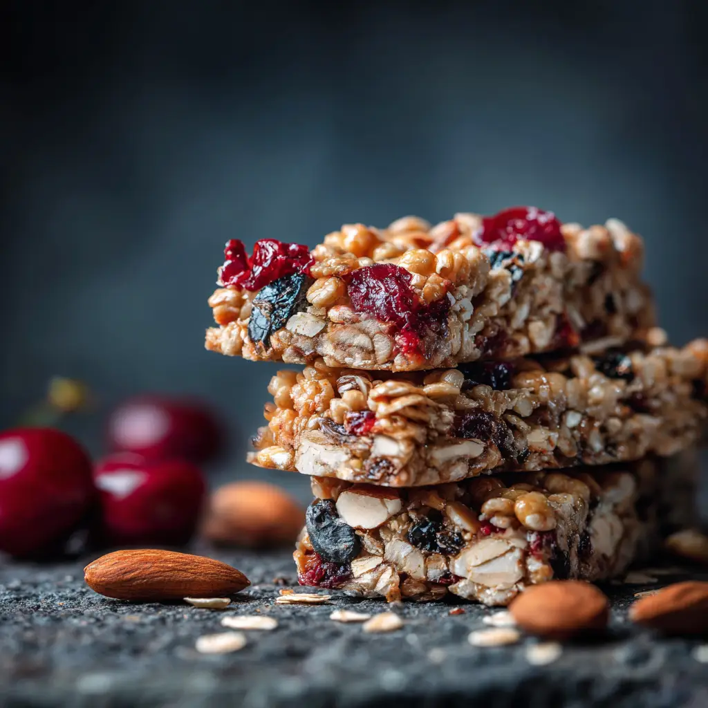 A stack of easy homemade oatmeal bars with dried cherries and almonds, ready to be eaten for a healthy snack.