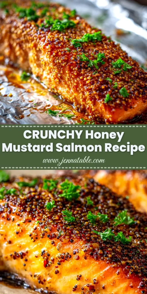 An overhead shot of four easy honey mustard salmon fillets on a baking sheet, ready to be shared. The salmon has a perfectly caramelized glaze.