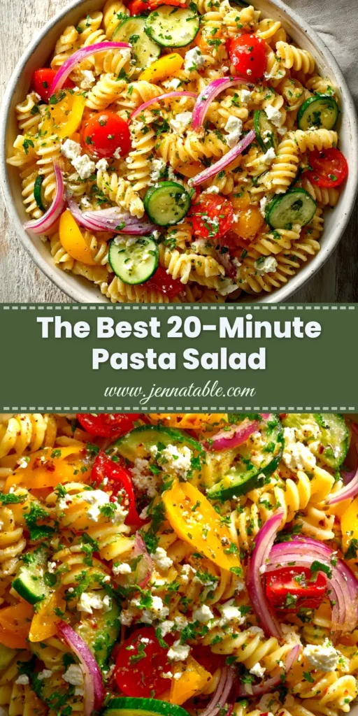 An overhead shot of a large white bowl filled with a vibrant and easy pasta salad recipe, tossed with fresh tomatoes, cucumbers, and a zesty dressing.