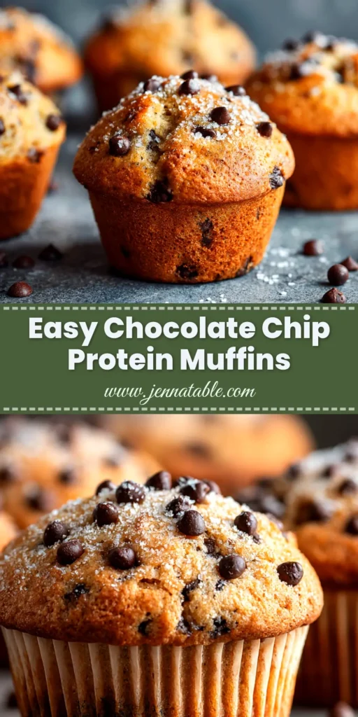 A shareable pin image of delicious chocolate chip protein muffins with a text overlay for 'Easy Protein Muffins Recipe'.