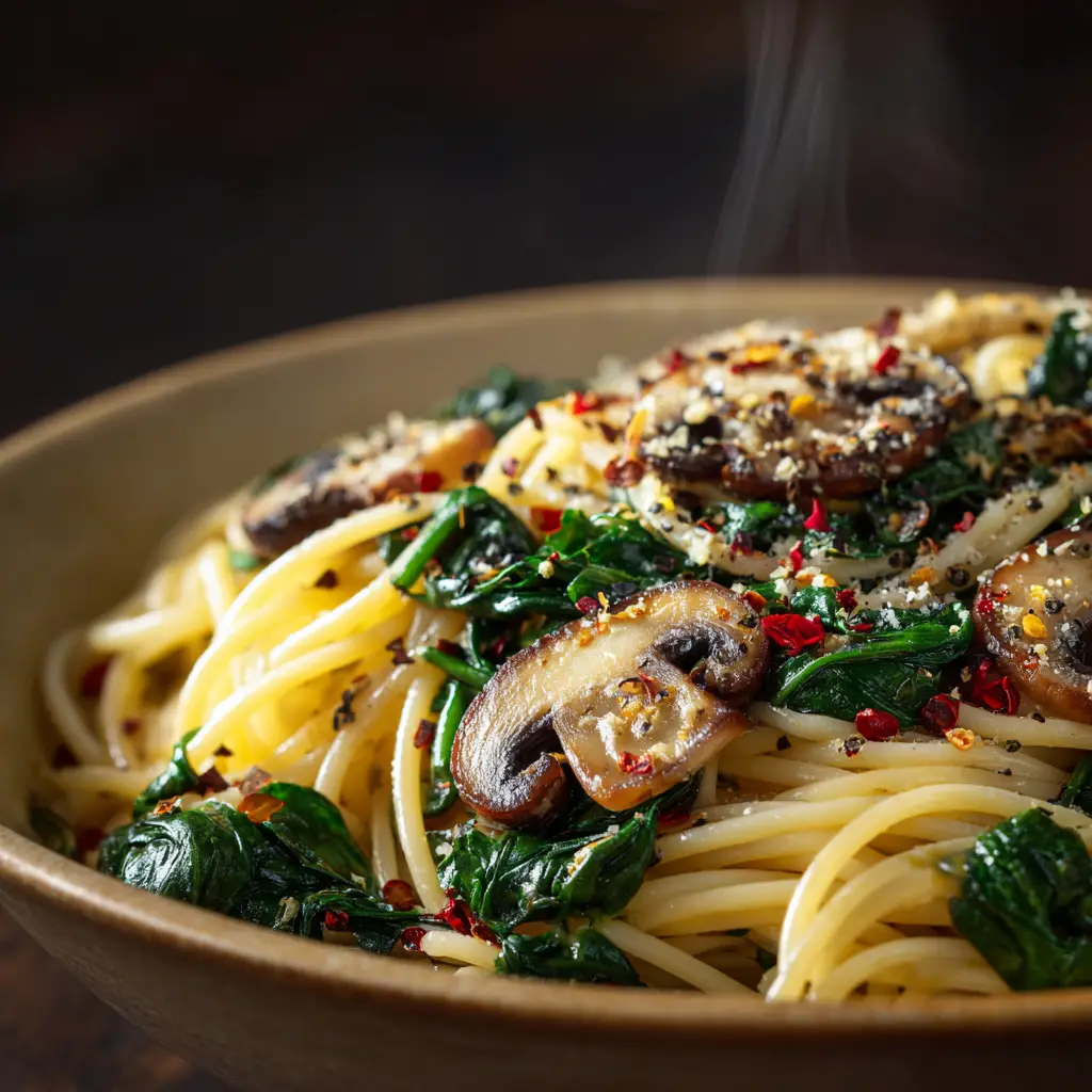 Another perspective of the finished spinach mushroom pasta in a bowl, with sauteed mushrooms clearly visible.
